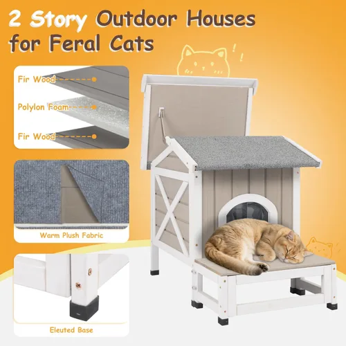 Vista 3 de Casa para gatos al aire libre para el verano: refugio de madera elevado con ventilación, puerta de escape, techo abierto, refugio al aire libre