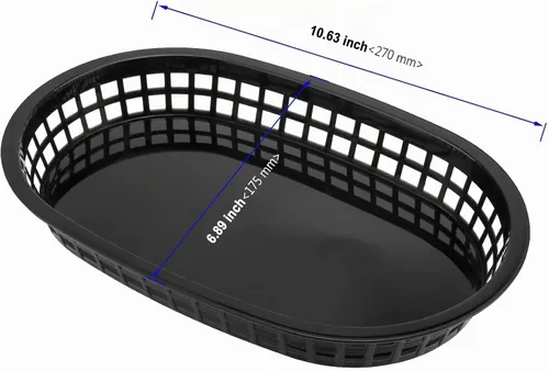Vista 2 de Paquete de 24 cestas negras para servir comida rápida, de 11 x 7 pulgadas, forma ovalada de plástico para servicio de delicatessen, pan, perritos