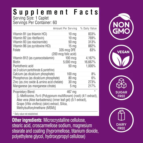 Vista 2 de Piel y uñas, soporte para el crecimiento del cabello, piel y uñas saludables, biotina, vitaminas B1, B2, B3, B6 y B7 + B1, apoya un cabello