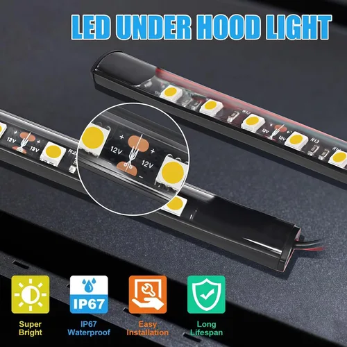Vista 2 de GraceYou - Kit de luces LED para debajo del capó, impermeable, 12 V, luces LED para automóvil, barras, capó de automóvil, luces de inspección