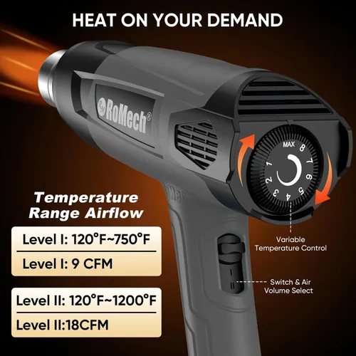 Vista 2 de ROMECH Pistola de calor resistente de 1500 W, kit de pistola de aire caliente con control de temperatura variable con 2 caudales de aire de 120 °F a
