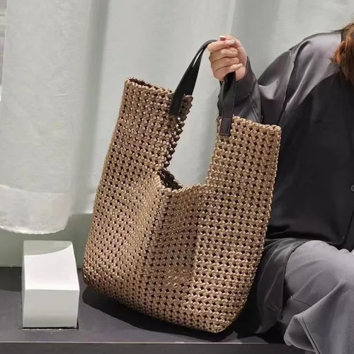 Vista 8 de JINMANXUE Bolso de mano tejido de satén de cuero para mujer, bolso hueco hacia fuera, 2 piezas, bolso de hombro femenino, bolso de comprador, bolso