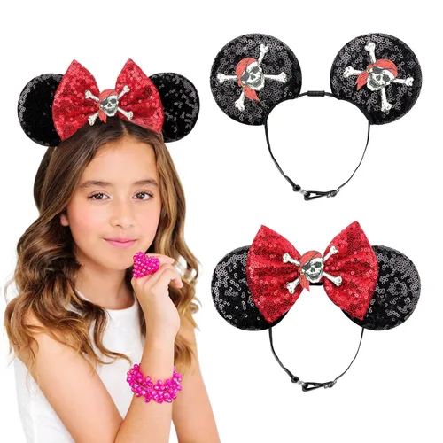 Vista 15 de DRESHOW Diademas de orejas de ratón para mujer, con orejas de Mickey y perlas blancas lisas, bandas para la cabeza de lazo, banda de terciopelo