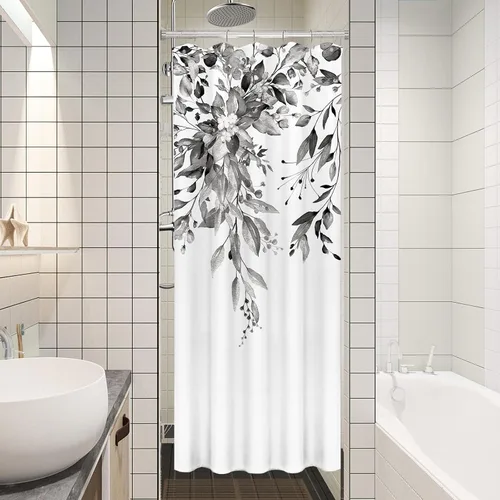 Vista 60 de Tititex - Juego de cortinas de ducha de eucalipto negro, hojas de acuarela gris en la parte superior, con decoración floral de baño, 60 x 72