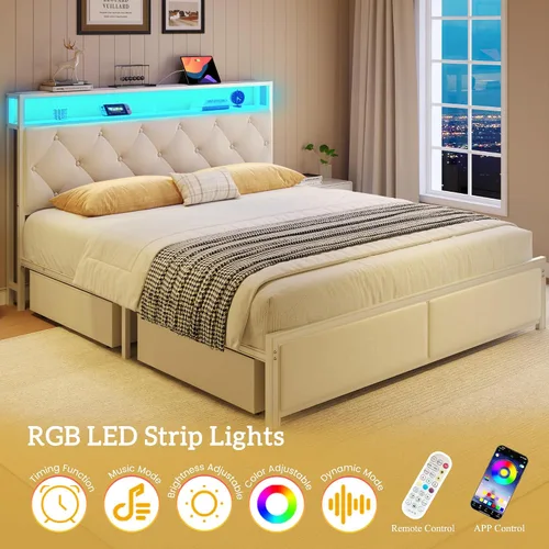 Vista 6 de Fluest Base de cama Queen con cabecero, cajones de almacenamiento, estación de carga rápida, luces LED, marco de cama tamaño Queen con cajones