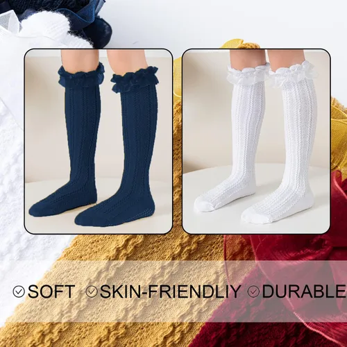 Vista 5 de Epeius - Calcetines altos de algodón para bebés y niñas, de uniforme, calcetas con vuelos (Paquete de 3 o 5)