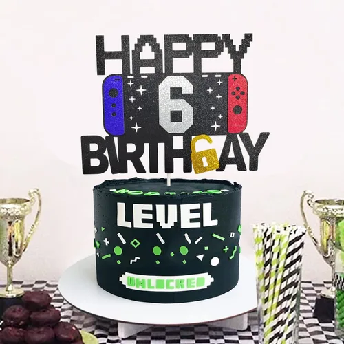 Vista 2 de Decoración de pastel de videojuegos de feliz 6º cumpleaños para niños y niñas de 6 años, decoración de fiesta de cumpleaños de nivel 6
