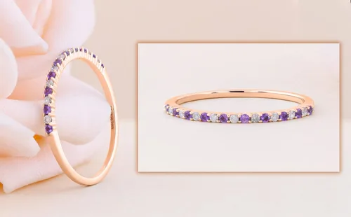 Vista 3 de Dazzlingrock Collection Anillo apilable redondo de oro de 10 quilates con amatista y diamante blanco para mujer