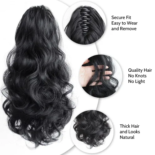 Vista 6 de Extensión de cola de caballo de garra negra natural ondulada de 16 pulgadas, extensiones de cabello sintético rizado con clip, extensiones