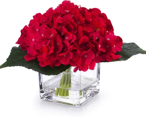Vista 4 de Arreglos de flores artificiales de seda de hortensias en jarrón de vidrio para decoración de boda del hogar (rubor)
