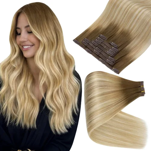 Vista 29 de Full Shine Extensiones de Cabello Rubio con Clip Reflejos Cabello Humano Extensiones con Clip Rubio Ceniza Mezcla Rubio Decolorado PU Extensiones
