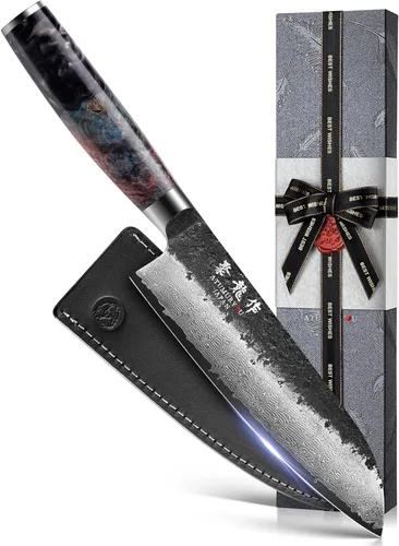 Vista 11 de Cuchillo de chef japonés Kiritsuke de 8.27 pulgadas con núcleo VG10, cuchillo profesional de Damasco forjado a mano de 67 capas con mango