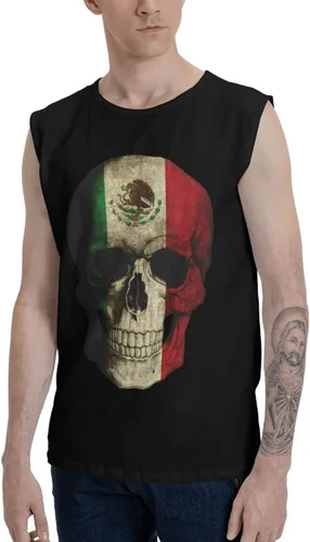 Vista 2 de Camiseta sin mangas con diseño de calavera mexicana con bandera mexicana para hombre, camiseta sin mangas para gimnasio, culturismo