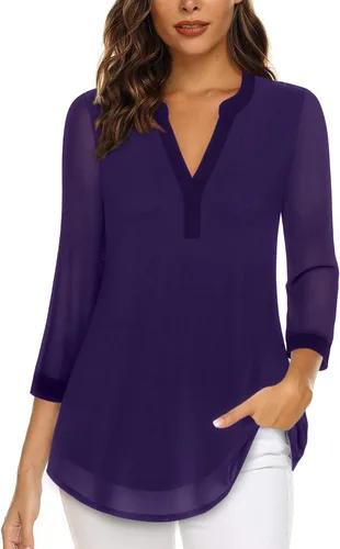 Vista 16 de Timeson - Blusas de manga de 3/4 para mujer, estilo casual, con cuello en V, camisas largas de vestir de doble capa, de malla Negro