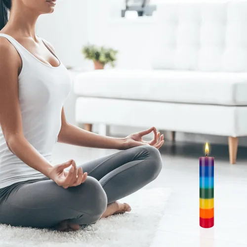 Vista 3 de Mega Candles 1 vela de chakra de pilar sólido multicolor sin perfume, vertida a mano, vela de cera de alta calidad de 2 x 9 pulgadas, mecha 100%