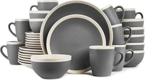 Vista 11 de Stone Lain Serenity - Vajilla de gres, servicio para 4, juego de platos y cuencos, vajilla de color gris oscuro y crema, apta para lavavajillas