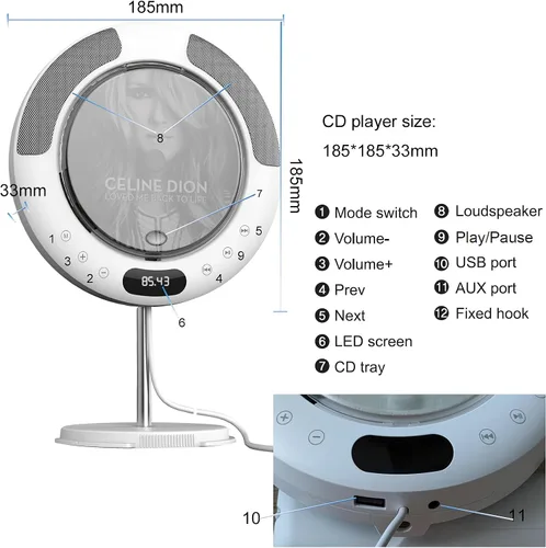Vista 5 de Reproductor de CD portátil con Bluetooth, radio FM, montado en la pared y soporte de escritorio, reproductor de música de CD para el hogar Boombox