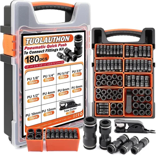 Vista 11 de Kit de accesorios de manguera de aire de empuje para conectar 70 piezas, 1/4 1/8 3/8 1/2 pulgadas de diámetro exterior neumático surtido con roscas