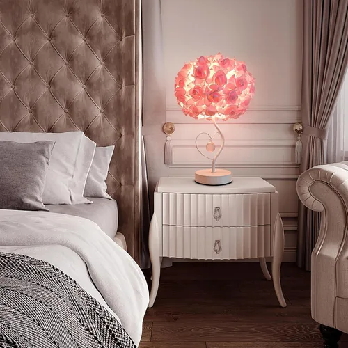 Vista 7 de ZYLEISENBAO Lámpara de Flor de Rosa Rosa Romántica Lámpara de Mesita de Noche Princesa Lámpara de Mesa de Flor para Mesita de Noche Luz de Rosado