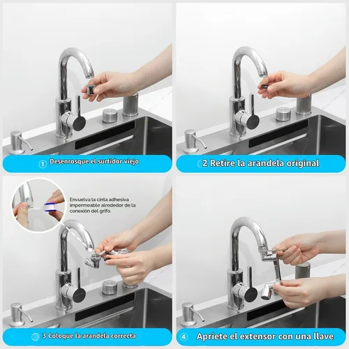 Vista 5 de Extensor de Grifo Giratorio de 1080°, Extensión de Fregadero Giratoria de Servicio Pesado, Brazo Robótico Multifuncional Giratorio Universal Latón
