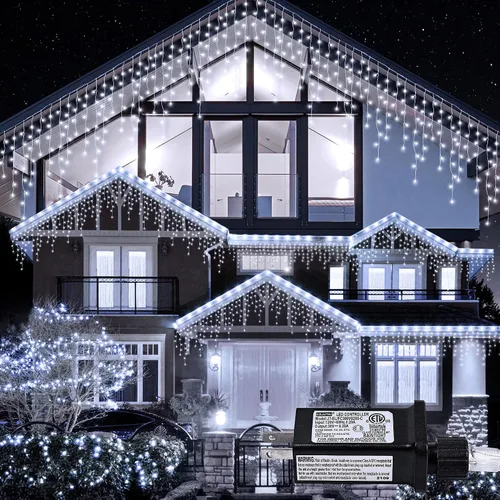 Vista 11 de Luces de Navidad para exteriores Luces de Carámbano 300 LED, 33 pies, 8 modos, luces de cadena colgantes de hadas conectables con enchufe de 30 V