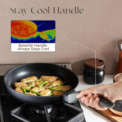 Vista 4 de PRICUSIS - Sartén antiadherente de 8/10/12 pulgadas con mango que no se calienta, completamente recubierta, compatible con inducción y apta