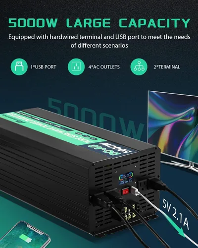 Vista 4 de 5000W 48V Inversor de Potencia de Onda Senoidal Pura 48V CC a 110V CA con Control Remoto Inalámbrico Pantalla LCD 4 Tomas de CA, 1 USB y Bloques