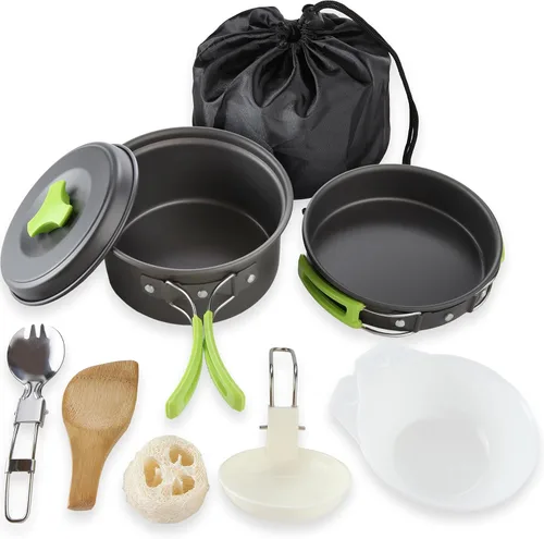 Vista 2 de MalloMe Kit de utensilios de cocina de camping para equipo de mochilero – Juego de cocina de camping – Juego de ollas y sartenes – Estufa