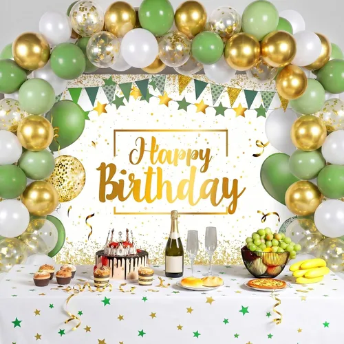 Vista 4 de Tatuo Kit de globos de confeti de cumpleaños de color verde salvia, paquete de pancartas de fondo de fotografía para niños, niñas, hombres