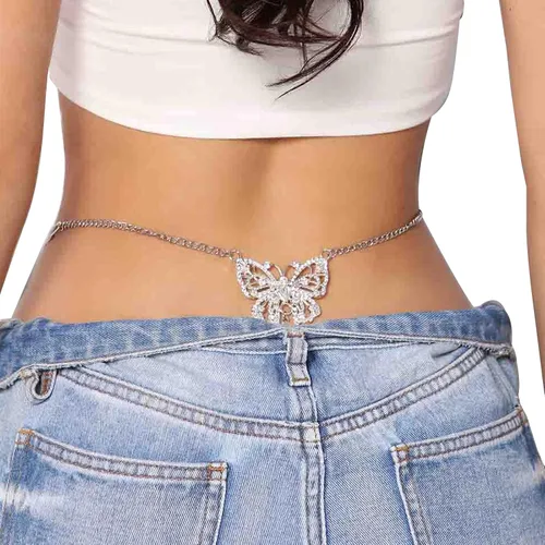 Vista 2 de Cadena de cintura con dije de mariposa de diamantes de imitación, tanga de cristal, tanga de cadena G, tanga de mariposa con diamantes de imitación