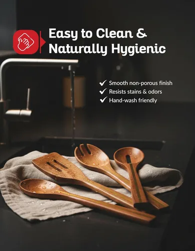 Vista 6 de Juego de 5 utensilios de acacia con soporte – Utensilios de cocina de madera de primera calidad, juego de espátula y cuchara de madera de acacia