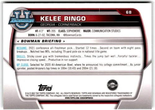 Vista 2 de 2022 Bowman Chrome University #68 Kelee Ringo Georgia Bulldogs Fútbol
