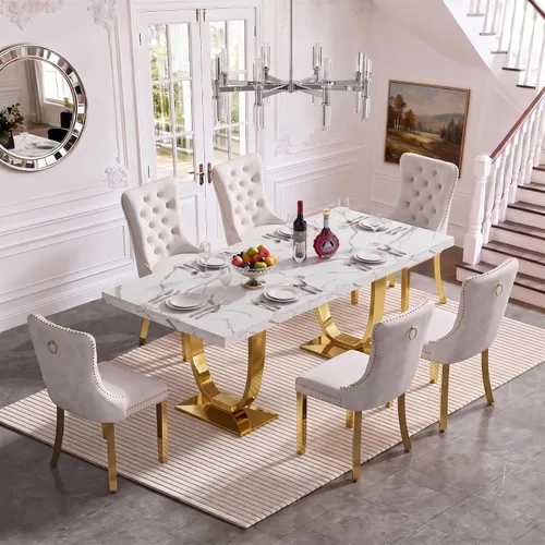 Vista 5 de Henf Mesa de comedor rectangular de mármol sintético blanco de 70 pulgadas Blanco & Oro