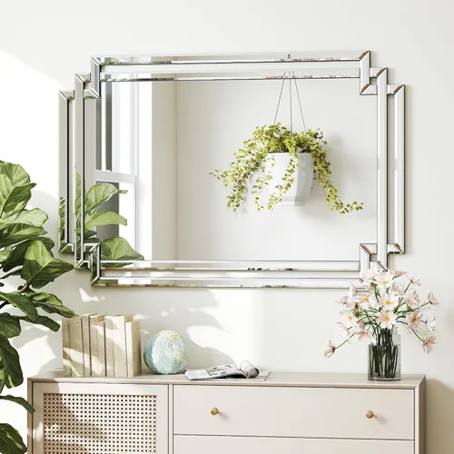 Vista 4 de Espejo decorativo para decoración de pared, elegante espejo de sala de estar de 24 x 36 pulgadas con piezas de vidrio y borde biselado, moderno