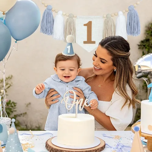 Vista 5 de DCJHFJ Decoraciones de primer cumpleaños para niño, pancarta azul para silla alta con sombrero de primer cumpleaños y una decoración de pastel