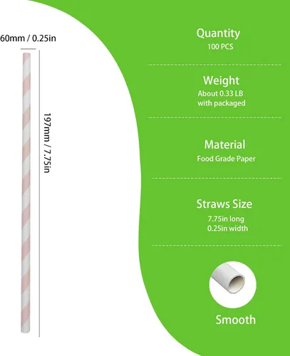 Vista 2 de Light Pink and White Striped Paper Straws, 100 Pack Disposable Biodegradable Drinking Straws, Food Grade Eco-Friendly Striped Paper Straws for