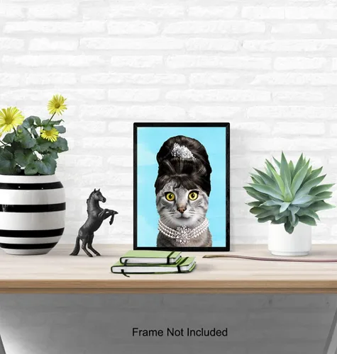 Vista 5 de Audrey Hepburn - Arte de pared – Regalos amantes de los gatos para mujeres y niñas – Arte de pared de gato – Bonita decoración de gatito – Póster