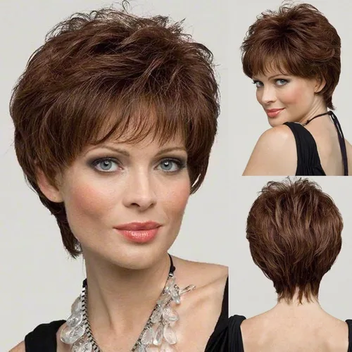 Vista 3 de EMMOR Pelucas Cortas Marrones para Mujeres Mezcla de Cabello Humano con Fibra de Memoria Saludable Corte Pixie, Peluca de Cabello Natural de Uso