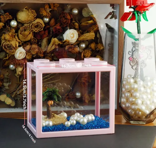 Vista 2 de Pequeño tanque de peces Betta, kit apilable de mini tanque de acuario con decoración de perlas de grava de acuario, pecera de 3/5 galones, tanque