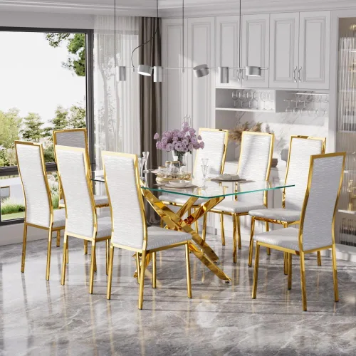 Vista 38 de Juego de mesa de comedor de cristal dorado moderno de 63 pulgadas para 6, juego de mesa de cocina rectangular de 7 piezas con patas de acero Negro