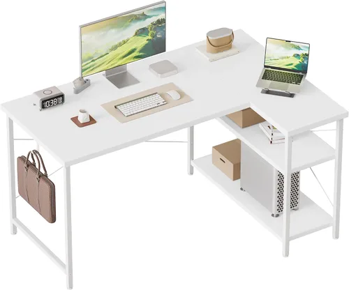 Vista 46 de Mericonia Escritorio pequeño en forma de L para computadora con tomas de corriente, escritorio de juegos para espacios pequeños, escritorio
