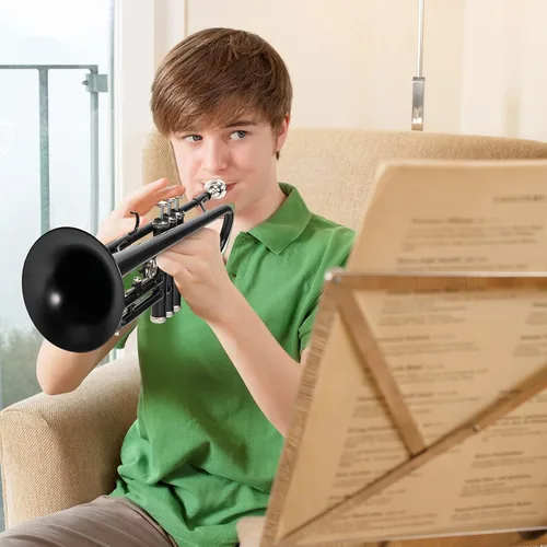 Vista 8 de Vangoa Bb Trompeta de latón estándar negro instrumento de trompeta para estudiantes, orquesta de banda escolar, adultos, niños, principiantes