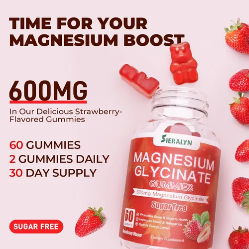 Vista 4 de Gomitas de glicinato de magnesio de 600 mg, gomitas de magnesio sin azúcar para adultos, suplemento de magnesio de alta absorción para alivio