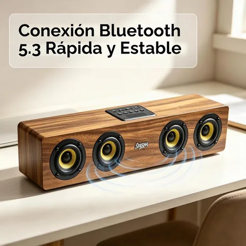 Vista 5 de Altavoz de barra de sonido portátil Bluetooth 5.3 de madera retro, estéreo de 20 W 2.0 con refuerzo de graves, emparejamiento TWS, radio