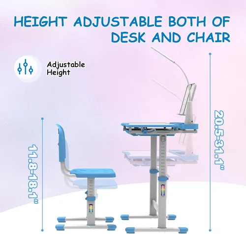 Vista 7 de BELANITAS Juego de escritorio y silla para niños, escritorio escolar de altura ajustable para niños, inclinable de 40 grados con 3 modos de luz