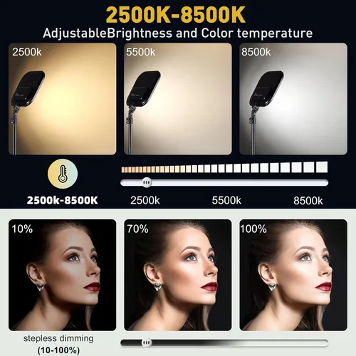 Vista 3 de Paquete de 2 luces LED de video, luz de estudio de 15 W, temperatura de color de 2500-8500 K con soporte de trípode y soporte para teléfono