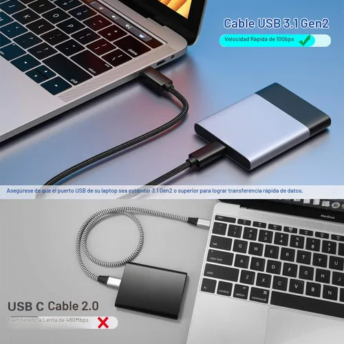 Vista 2 de Cable corto USB C a USB C de 1.5 pies, 100 W 3.1 Gen2, cable de carga rápida de 10 Gbps de transferencia de datos para disco duro SSD, MacBook