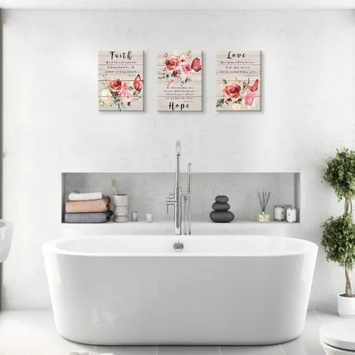 Vista 3 de Arte de pared para dormitorio, fotos de pared de mariposas, pinturas florales, citas de fe, esperanza, amor, arte de pared inspirador, acuarela, Rosa