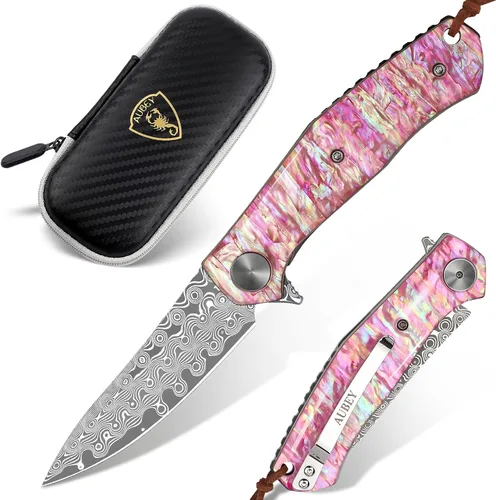Vista 16 de Cuchillo de bolsillo plegable de Damasco AUBEY hecho a mano con clip para hombres, cuchillo de caza de Damasco EDC con bloqueo de vástago para Mango