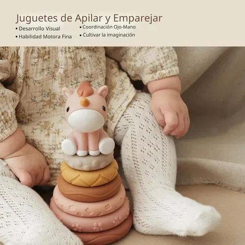 Vista 6 de Nueplay 7 piezas de juguetes para apilar y anidar para bebés, juguetes de dentición para apretar y círculo de construcción con figura de caballo